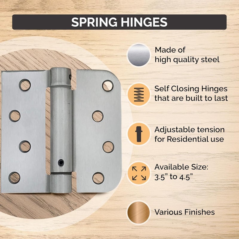 Hinge Outlet Spring Self-Closing Hinges, 4 Inch x 4.25 Inch Square with 5/8 Inch Satin Nickel - 2 Pack - Adjustable Door Closing - Image 2